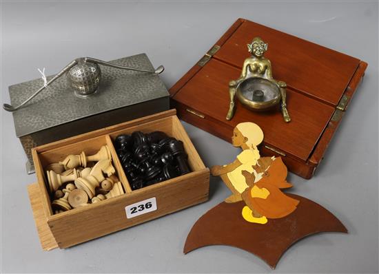 A pewter golfing box, two chess sets etc